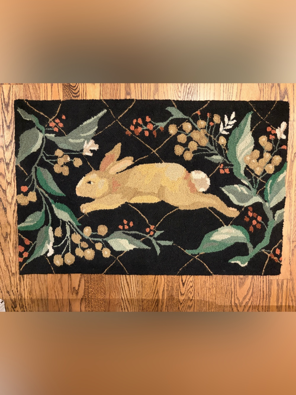 Wool Rug with Rabbit and Leaves — Perfect for Spring Decorating